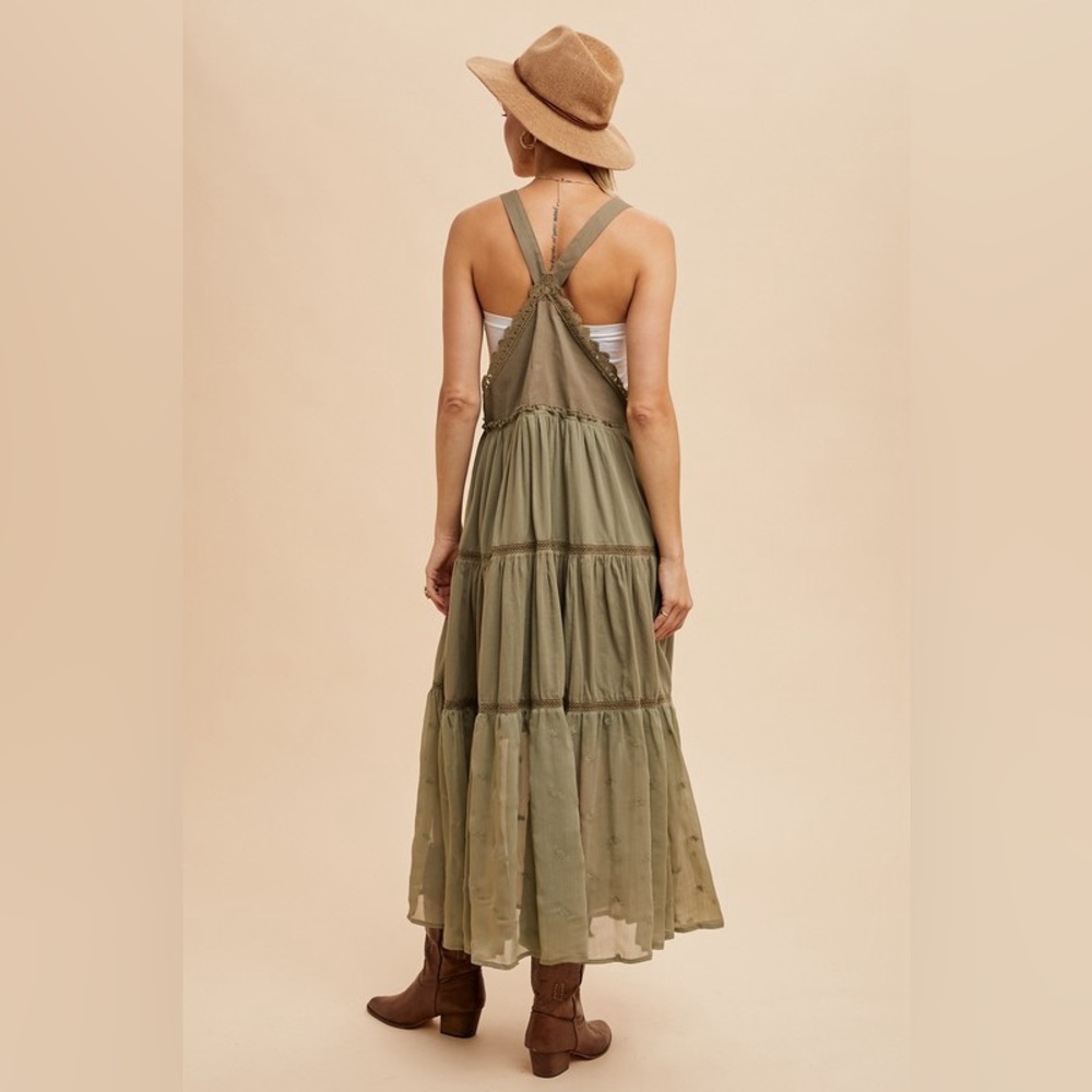 643. Olive green embroidered tiered skirtall lace maxi dress - Picture 3 of 5